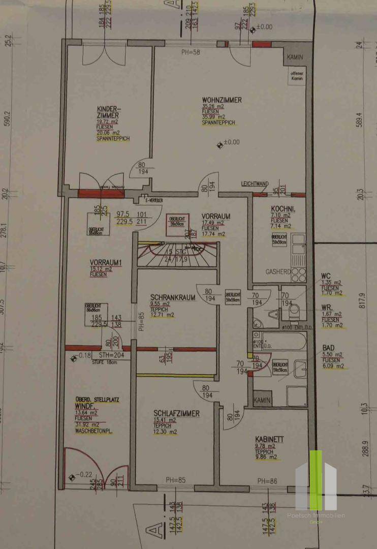 Grundriss des Erdgeschosses mit Wohnzimmer, Kinderzimmer, Schlafzimmer und Küche.