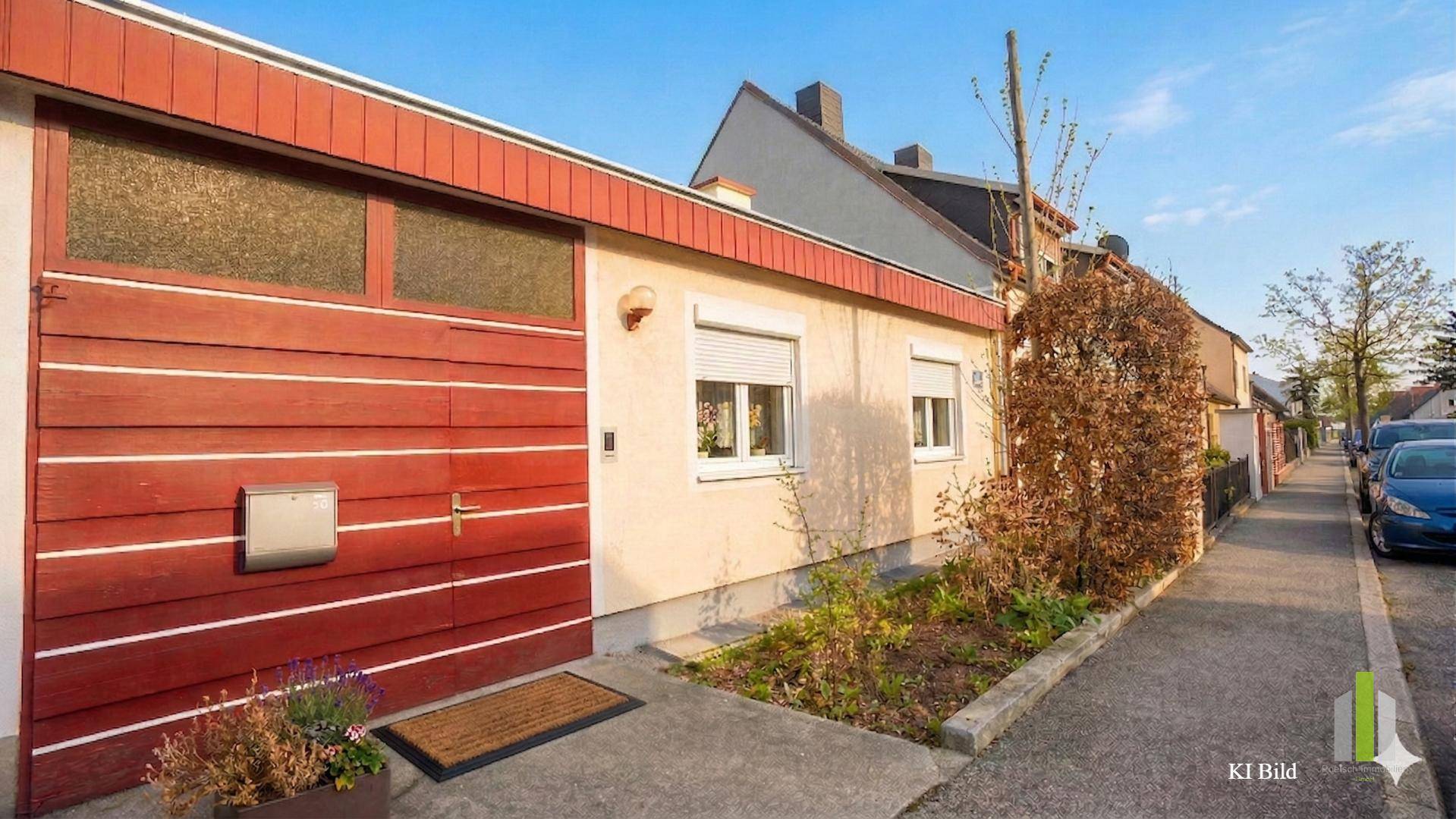 Vorderansicht des Hauses mit roter Garage und Vorgarten, an einer ruhigen Straße gelegen.