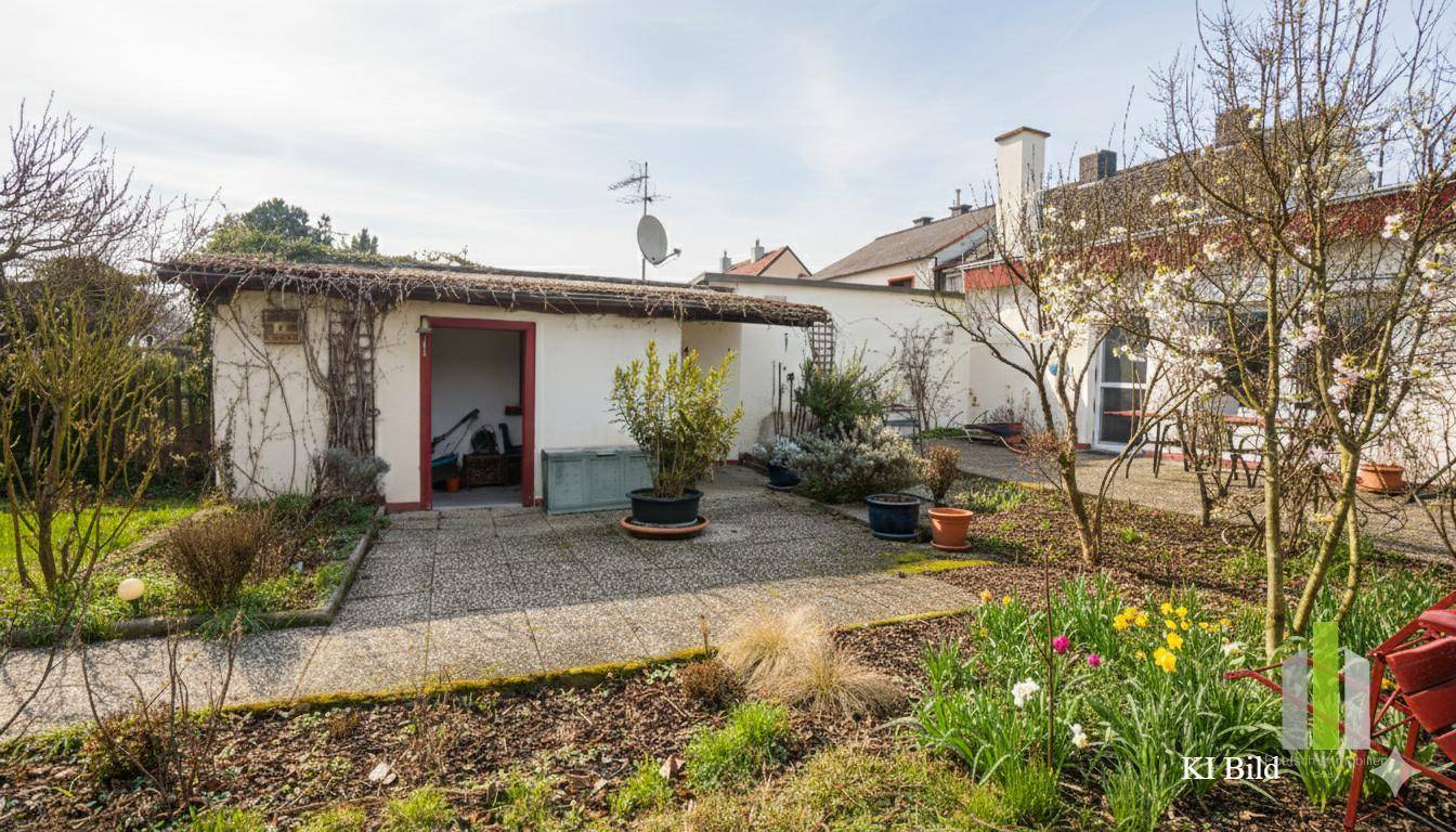 Gartenbereich mit einem kleinen Schuppen und blühenden Pflanzen, ideal für Hobbygärtner.