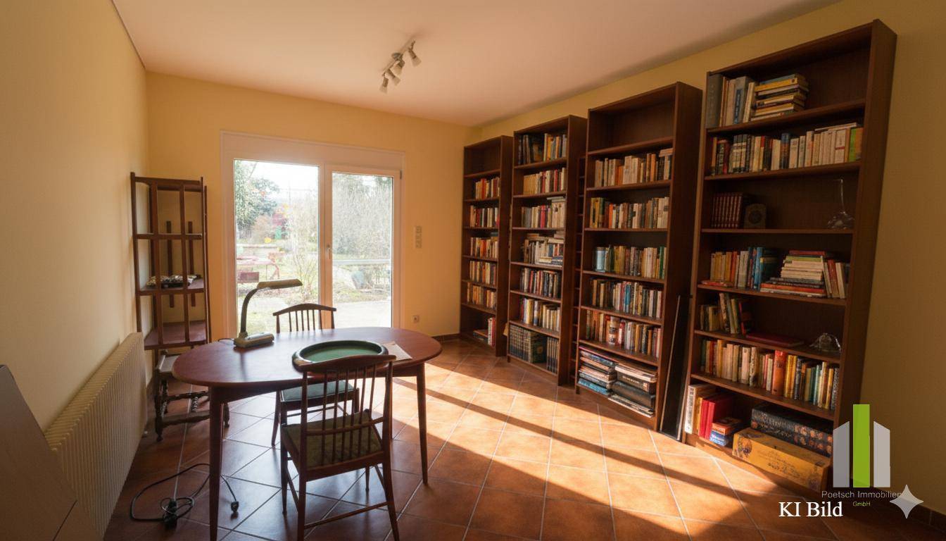 Helles Arbeitszimmer mit Bücherregalen, Schreibtisch und Zugang zum Garten.