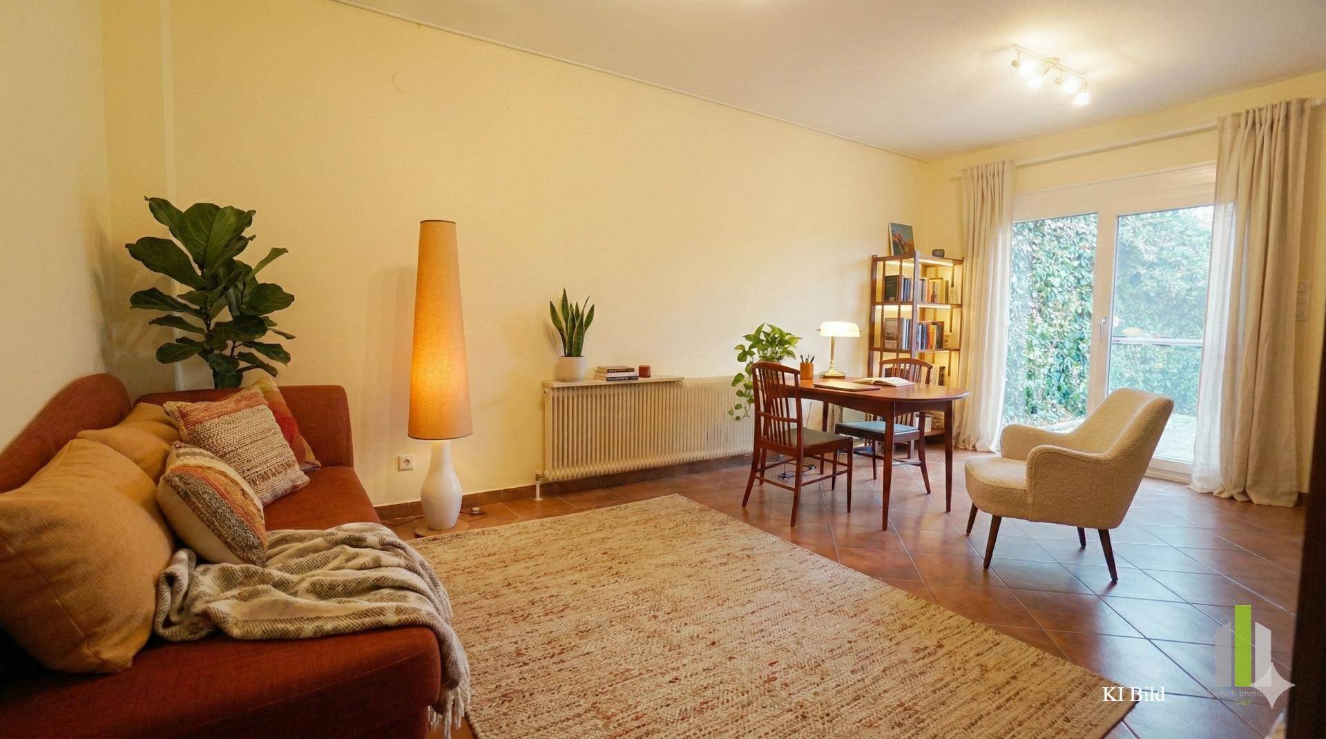 Helles Wohnzimmer mit gemütlichem Sofa, Schreibtischbereich und Zugang zum Garten.