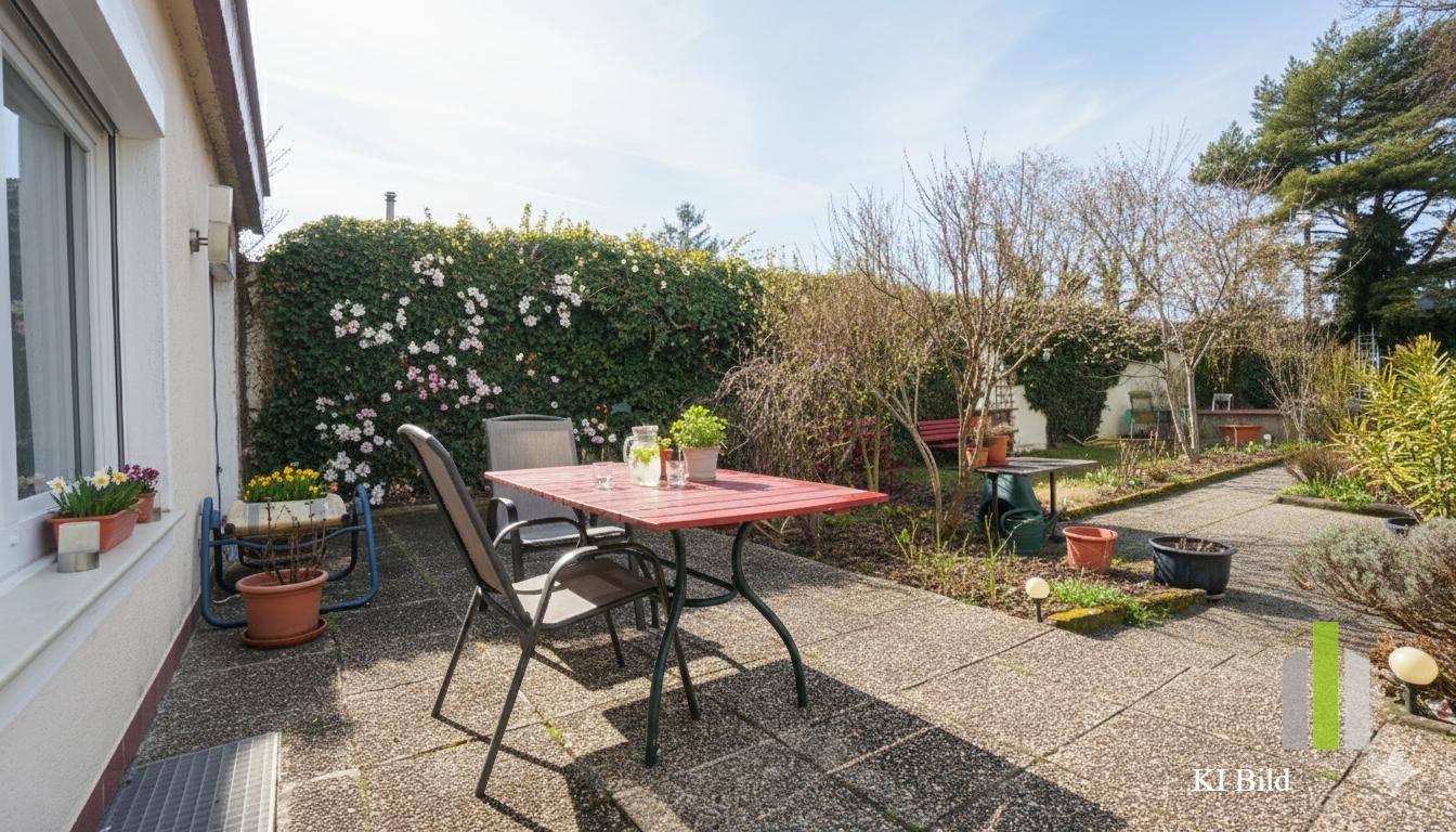 Gemütliche Terrasse mit Esstisch und Stühlen, umgeben von einer grünen Hecke und Blumen.
