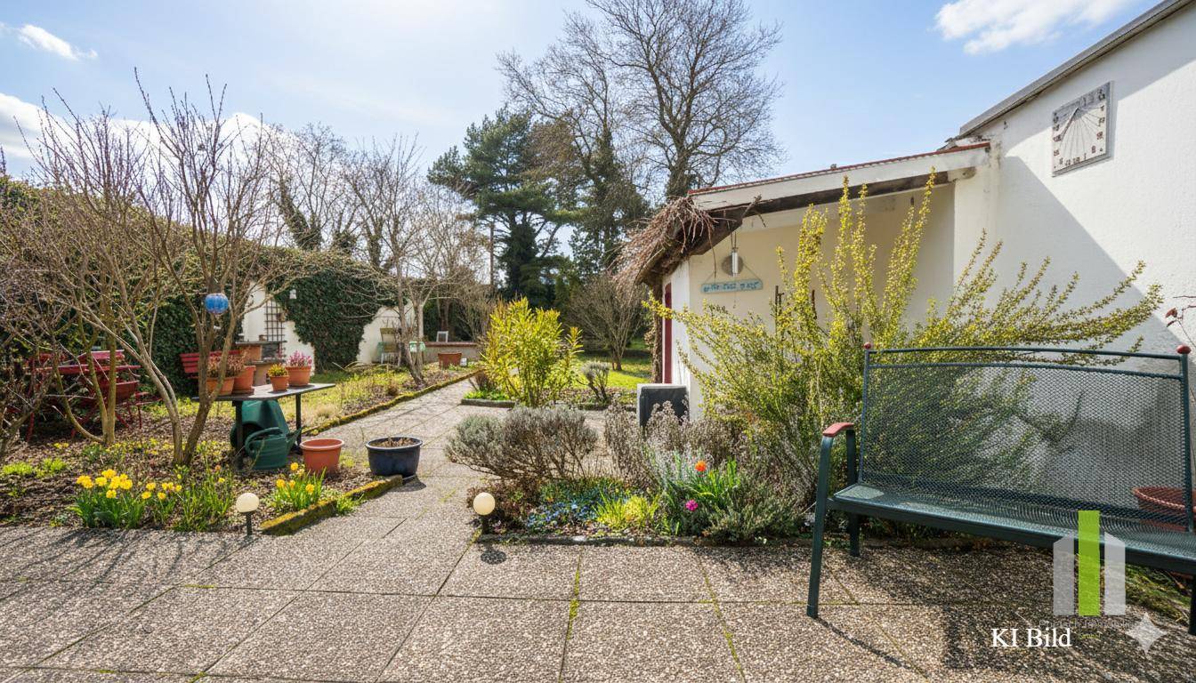 Sonniger Gartenweg mit Blumenbeeten und einer Sitzbank, umgeben von Bäumen und Sträuchern.