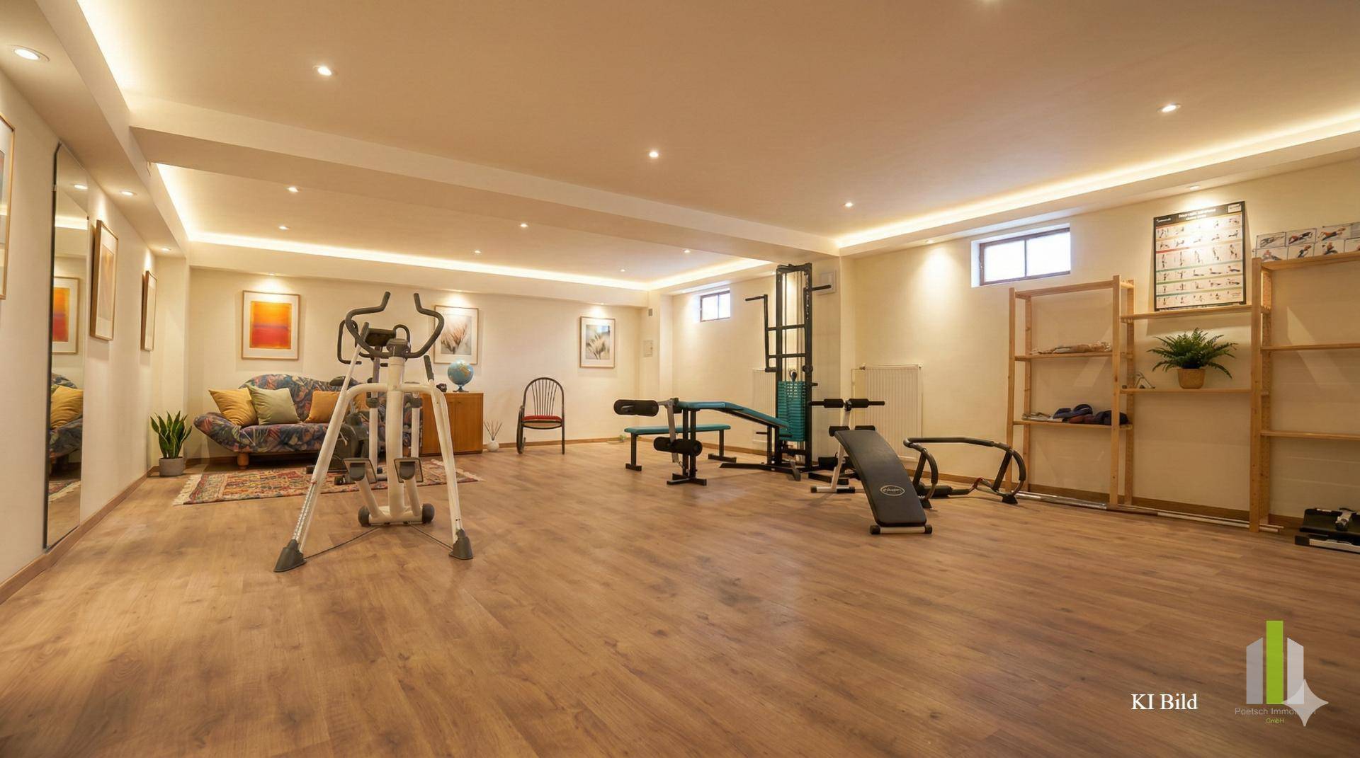 Großer Fitnessraum im Keller mit verschiedenen Trainingsgeräten und Holzoptik-Boden.