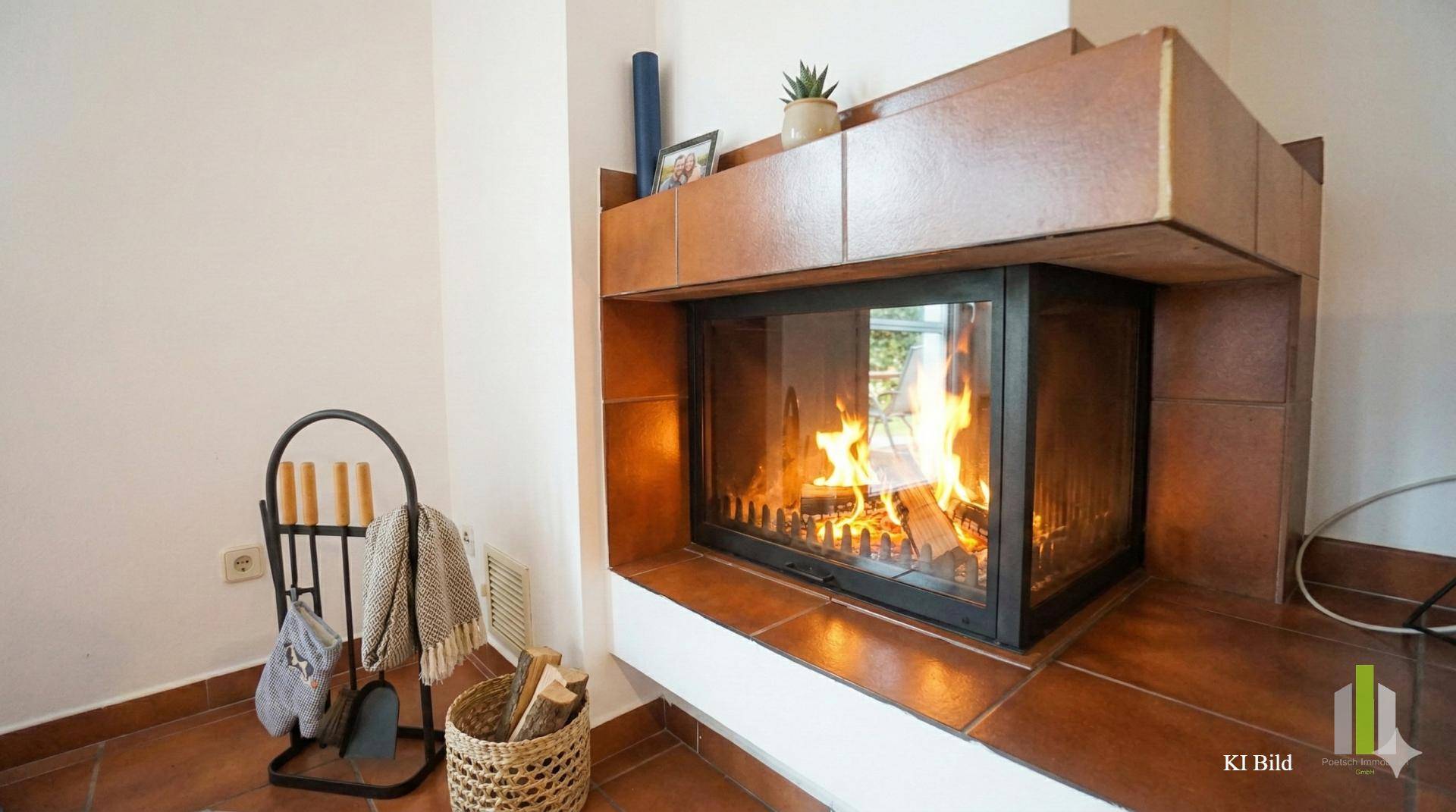 Gemütlicher Kamin mit brennendem Feuer, umgeben von rustikalen Fliesen, schafft eine warme Atmosphäre.