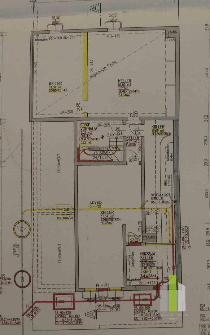 Grundriss des Kellergeschosses mit mehreren Kellerräumen und Heizungsraum.