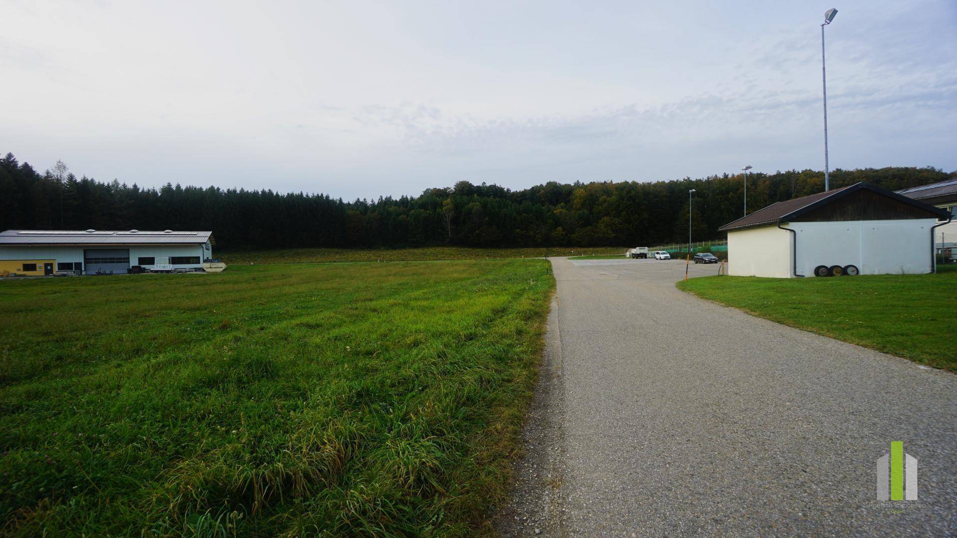 Geschotterter Weg neben einer weiten Grünfläche, mit einem Gebäude und Wald im Hintergrund.