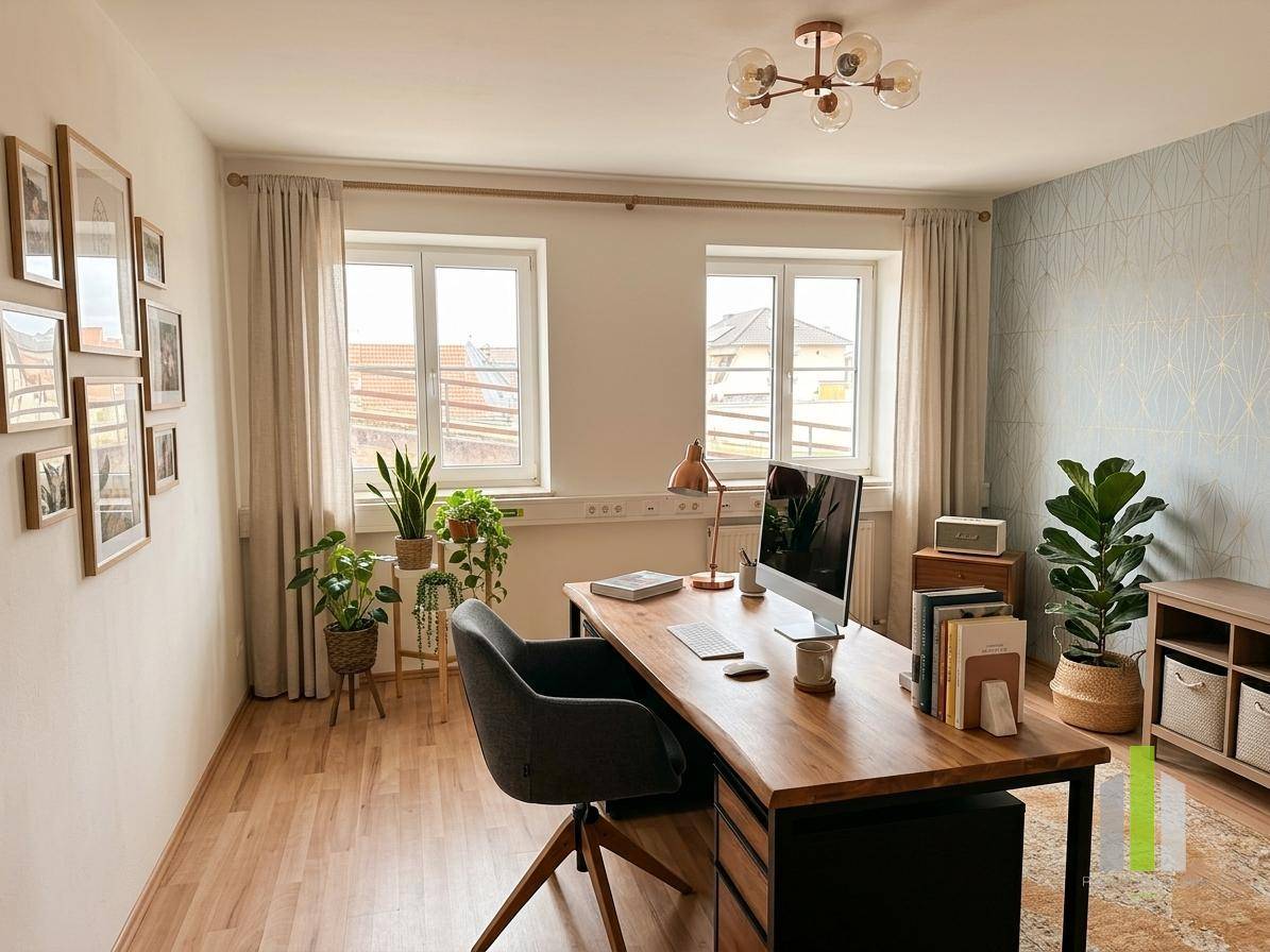 Gemütliches Büro mit Holzboden, großem Schreibtisch und zwei Fenstern, die den Raum mit Licht füllen.