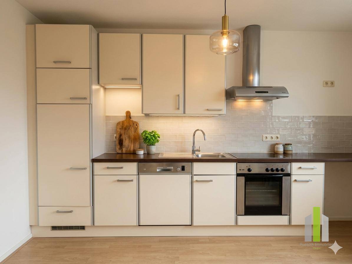 Moderne Einbauküche in hellem Beige mit integrierten Geräten und einer Dunstabzugshaube aus Edelstahl.