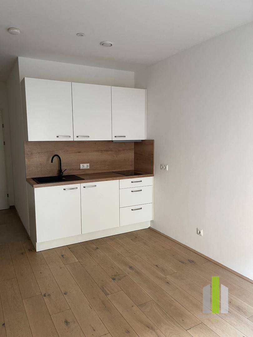 Moderne Küchenzeile mit weißen Schränken, Holzarbeitsplatte und Induktionskochfeld in einem hellen Raum.