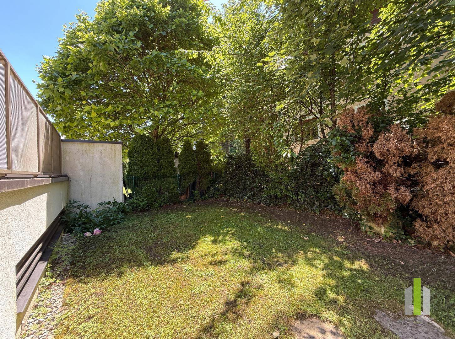 Kleiner, gepflegter Gartenbereich mit Rasenfläche und üppiger Bepflanzung.