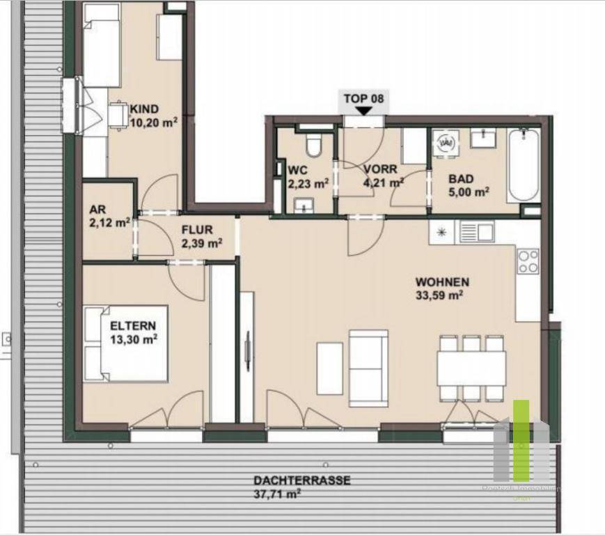 Detaillierter Grundriss mit drei Schlafzimmern, zwei Bädern und einer großen Dachterrasse.