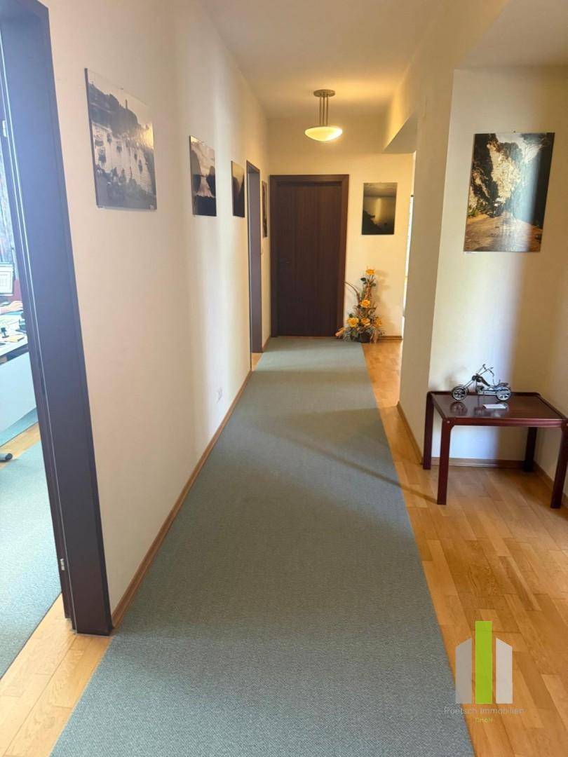 Langer Flur mit Teppichboden in der Mitte und Holzboden an den Seiten.