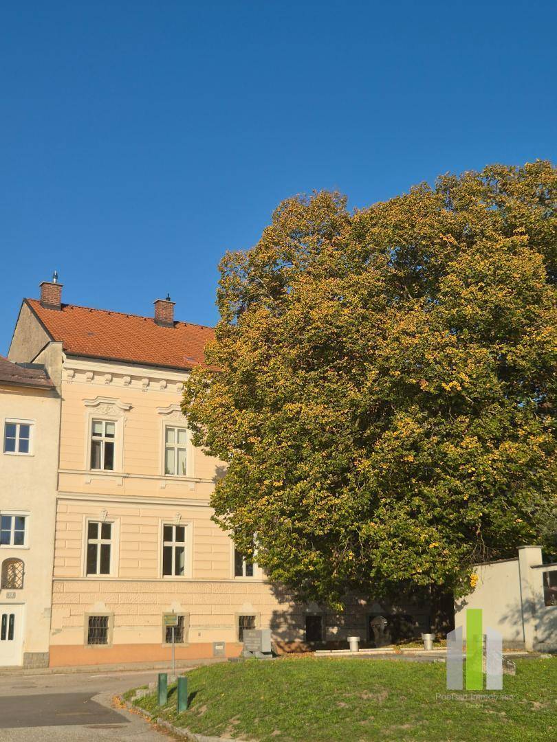 Historisches Gebäude mit rotem Ziegeldach und einem großen, belaubten Baum im Vordergrund.