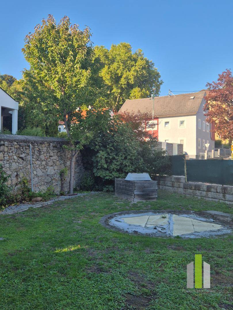 Sonniger Gartenbereich mit Rasenfläche, Bäumen und einer alten Steinmauer.