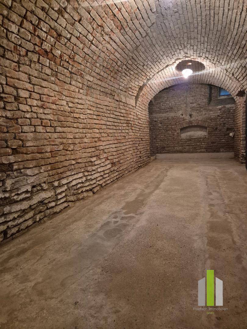 Geräumiger Gewölbekeller mit Ziegelwänden und Betonboden, ideal für Lagerung und Wein.