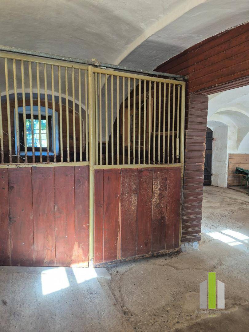 Innenansicht eines Stalls mit Metallgittern und Holztrennwänden, rustikaler Charme.