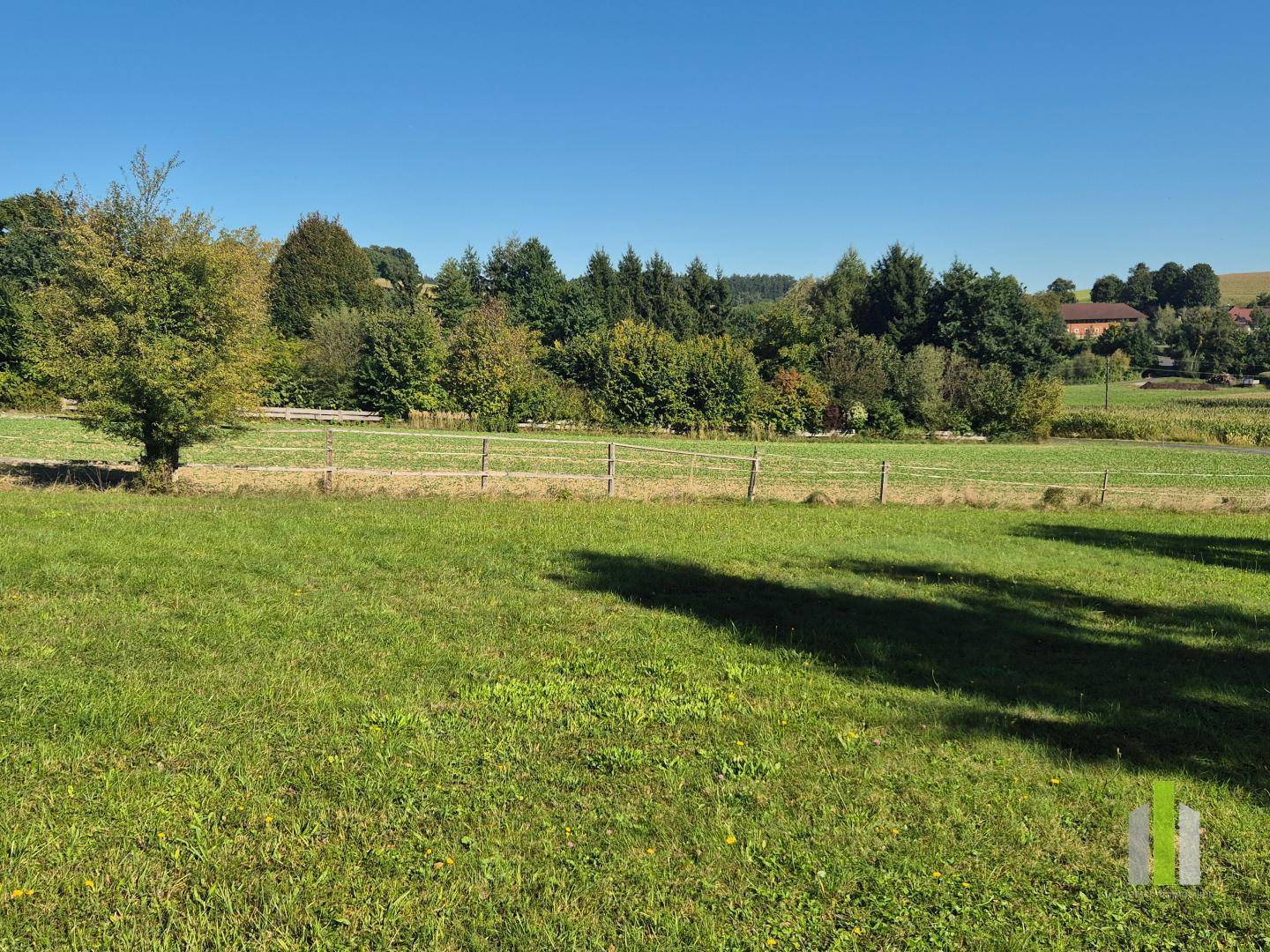 Weitläufige grüne Wiese mit Bäumen und einem Zaun, umgeben von ländlicher Idylle.