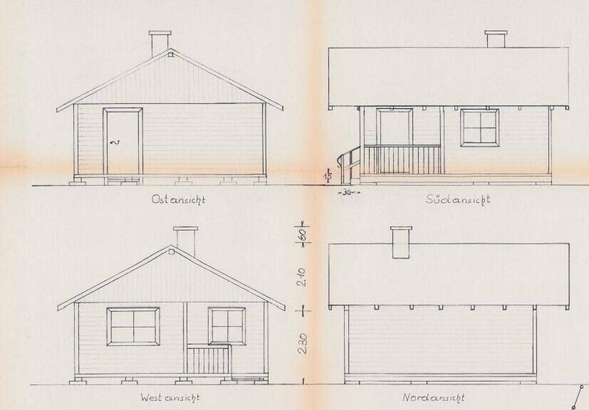 Architektonische Ansichten eines kleinen Hauses von Ost, Süd, West und Nord mit Satteldach.
