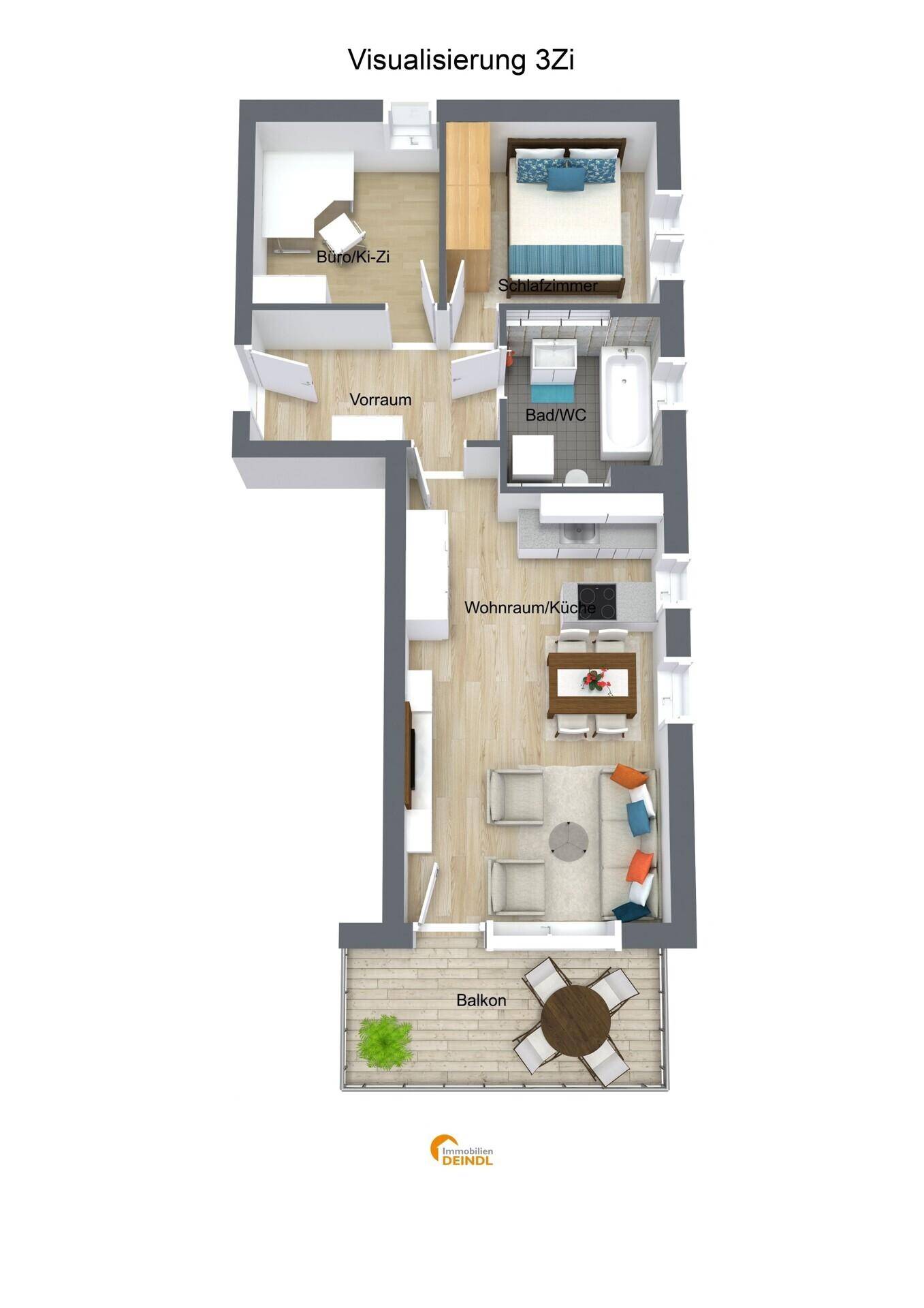 Visualisierter Grundriss einer 3-Zimmer-Wohnung mit Balkon und offenem Wohnbereich.