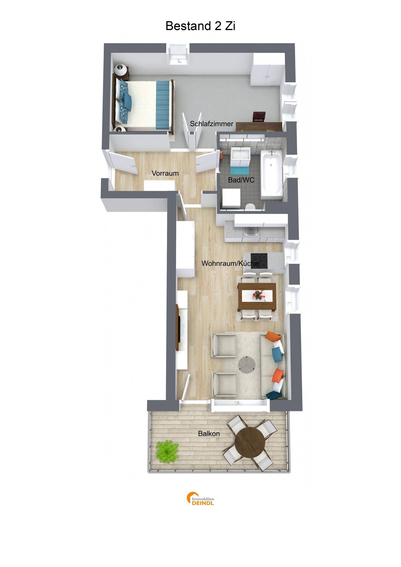 Grundriss einer 2-Zimmer-Wohnung mit Balkon und offenem Wohnbereich.