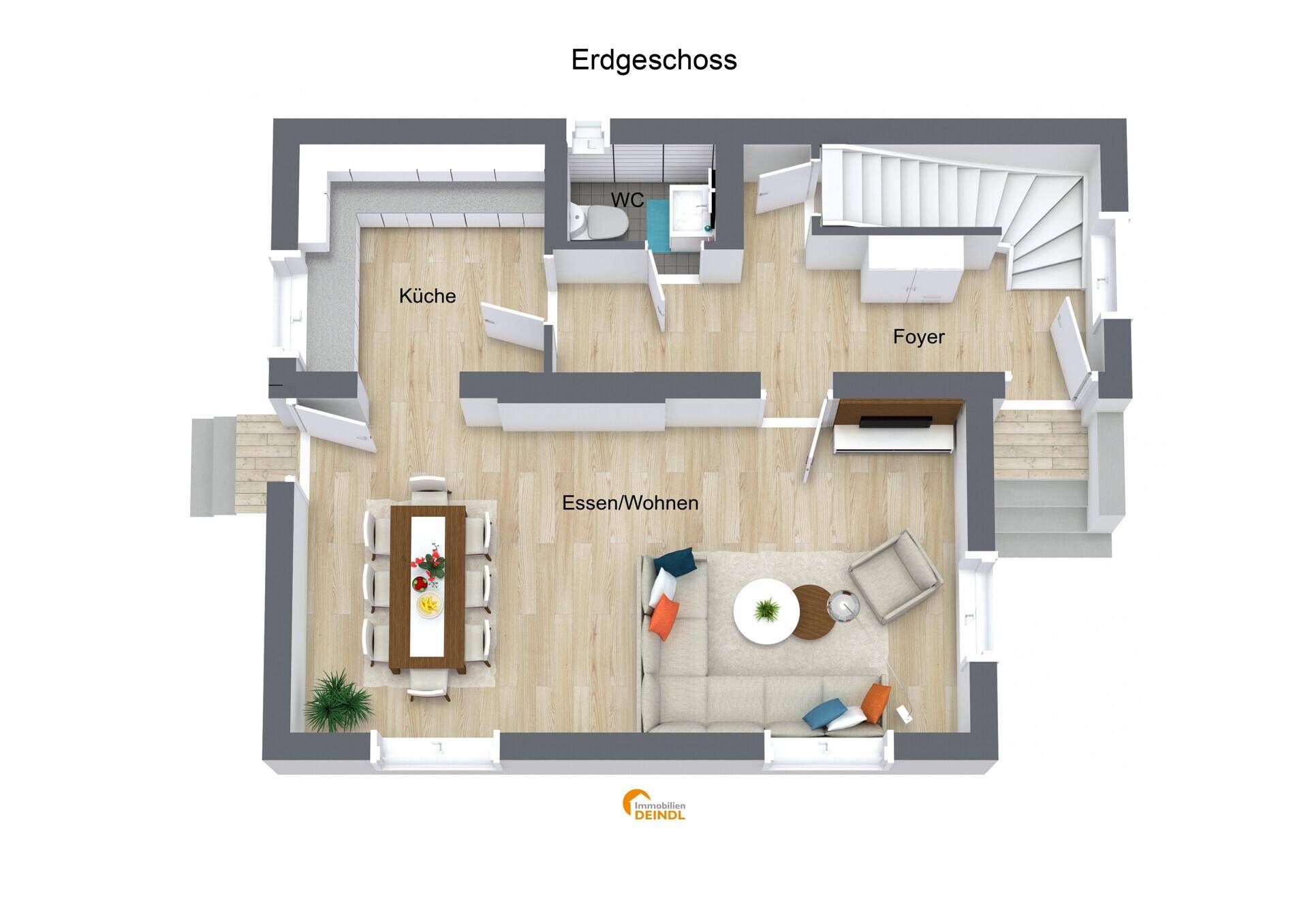 Grundriss des Erdgeschosses mit offener Küche, Wohn-Essbereich und Gäste-WC.