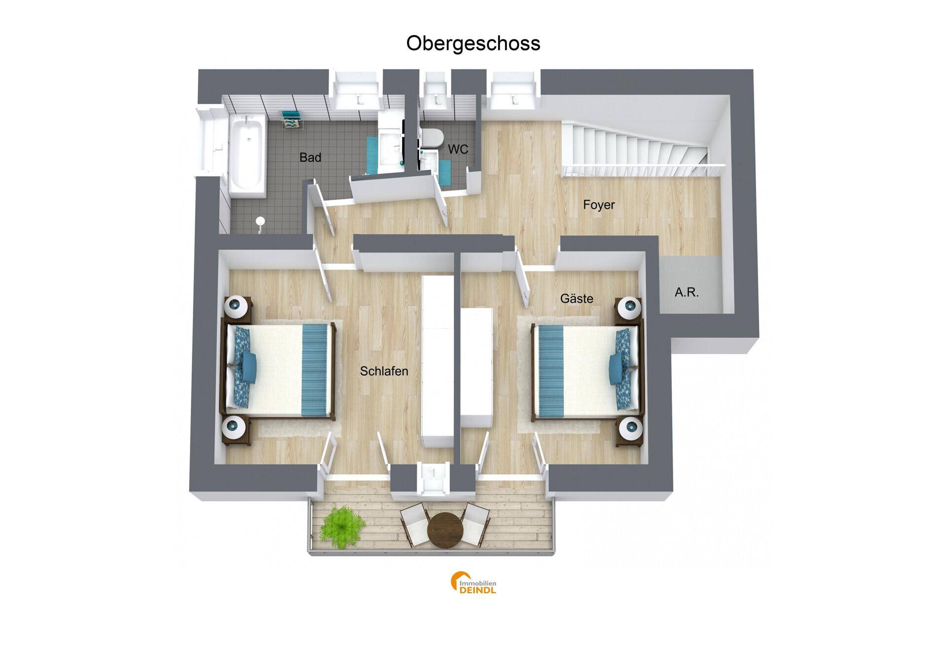 Grundriss des Obergeschosses mit Schlafzimmern, Bad und Balkon.