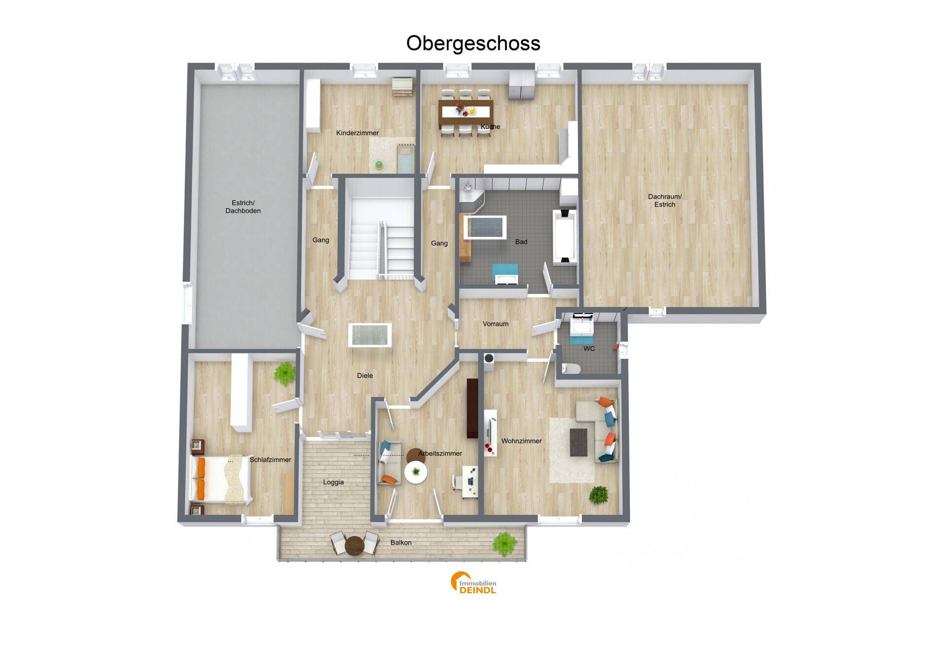 Grundriss des Obergeschosses mit Schlafzimmern, Wohnzimmer, Bad, separatem WC, Loggia und Balkon.