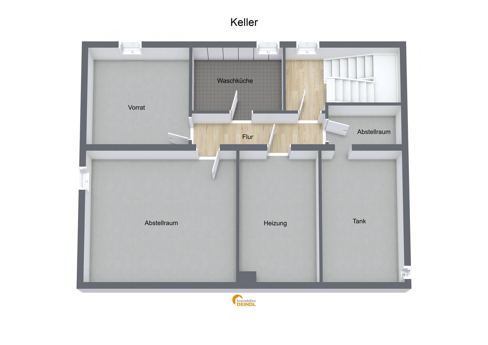 Grundriss des Kellers mit Waschküche, Vorratsräumen und Heizungsraum.