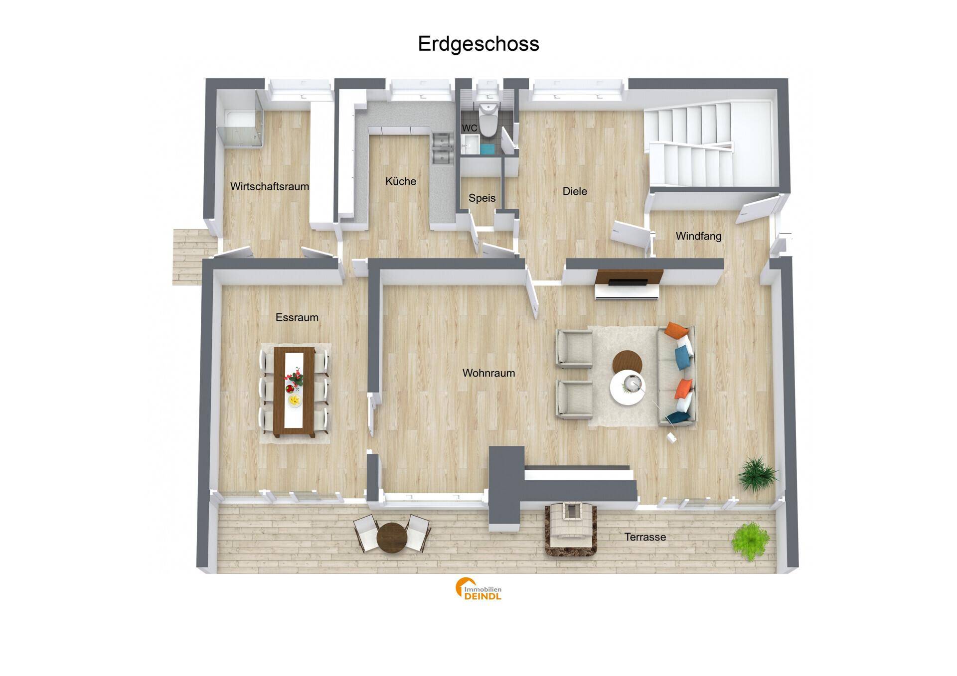 Grundriss des Erdgeschosses mit offenem Wohnbereich, Essraum, Küche und Terrasse.