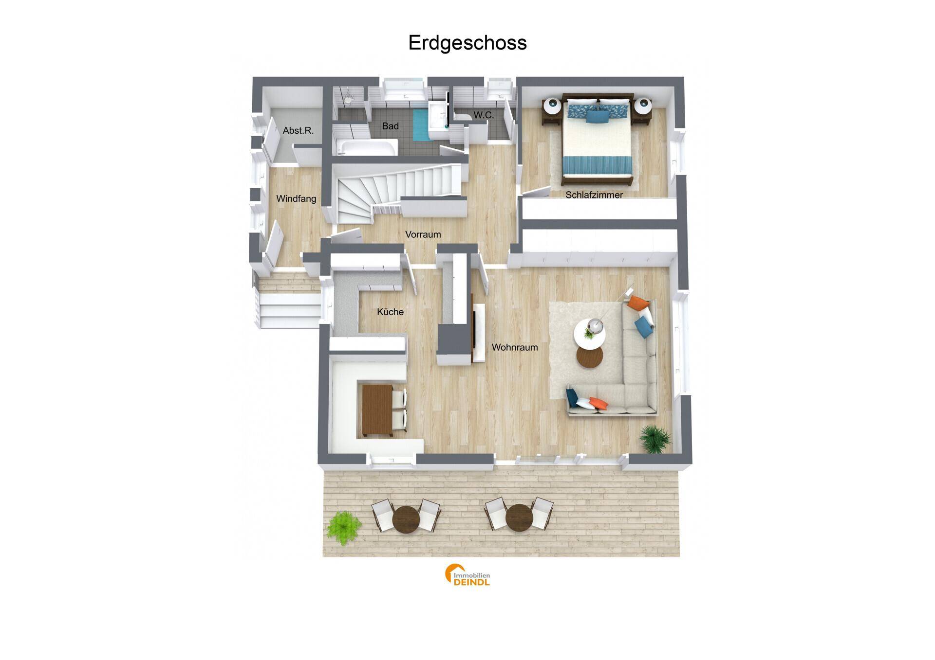 Detaillierter Grundriss des Erdgeschosses mit offenem Wohnbereich, Küche, Schlafzimmer und großer Terrasse.