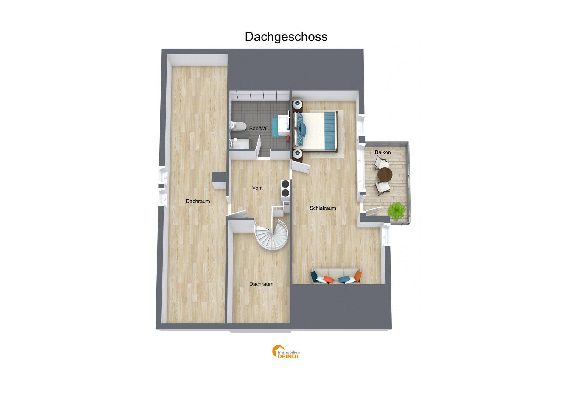 Grundriss des Dachgeschosses mit Schlafzimmer, Bad und Balkon, unter Berücksichtigung der Dachschrägen.