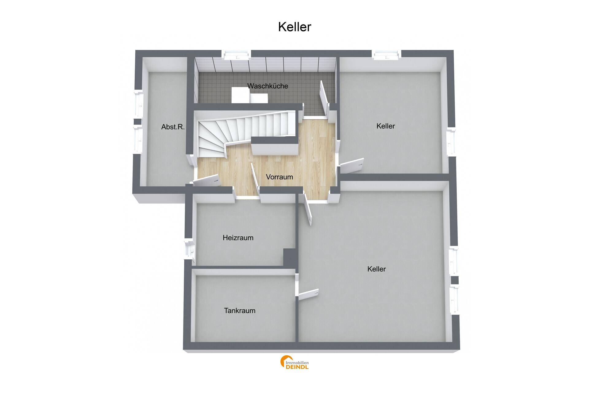 Grundriss des Kellers mit mehreren Abstellräumen, Heizraum, Tankraum und einer praktischen Waschküche.