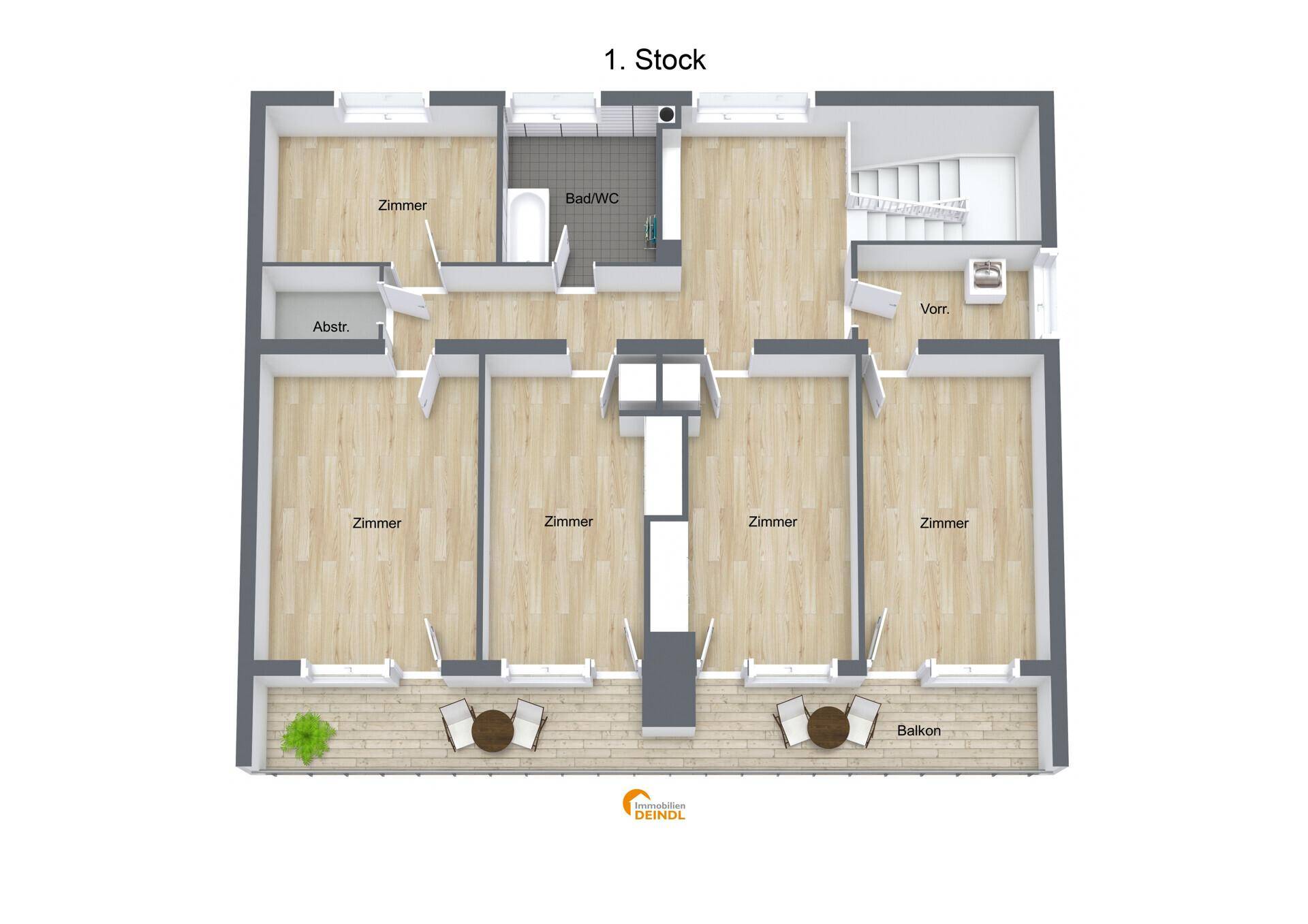 Grundriss des ersten Stocks mit mehreren Zimmern, Bad und Balkon.