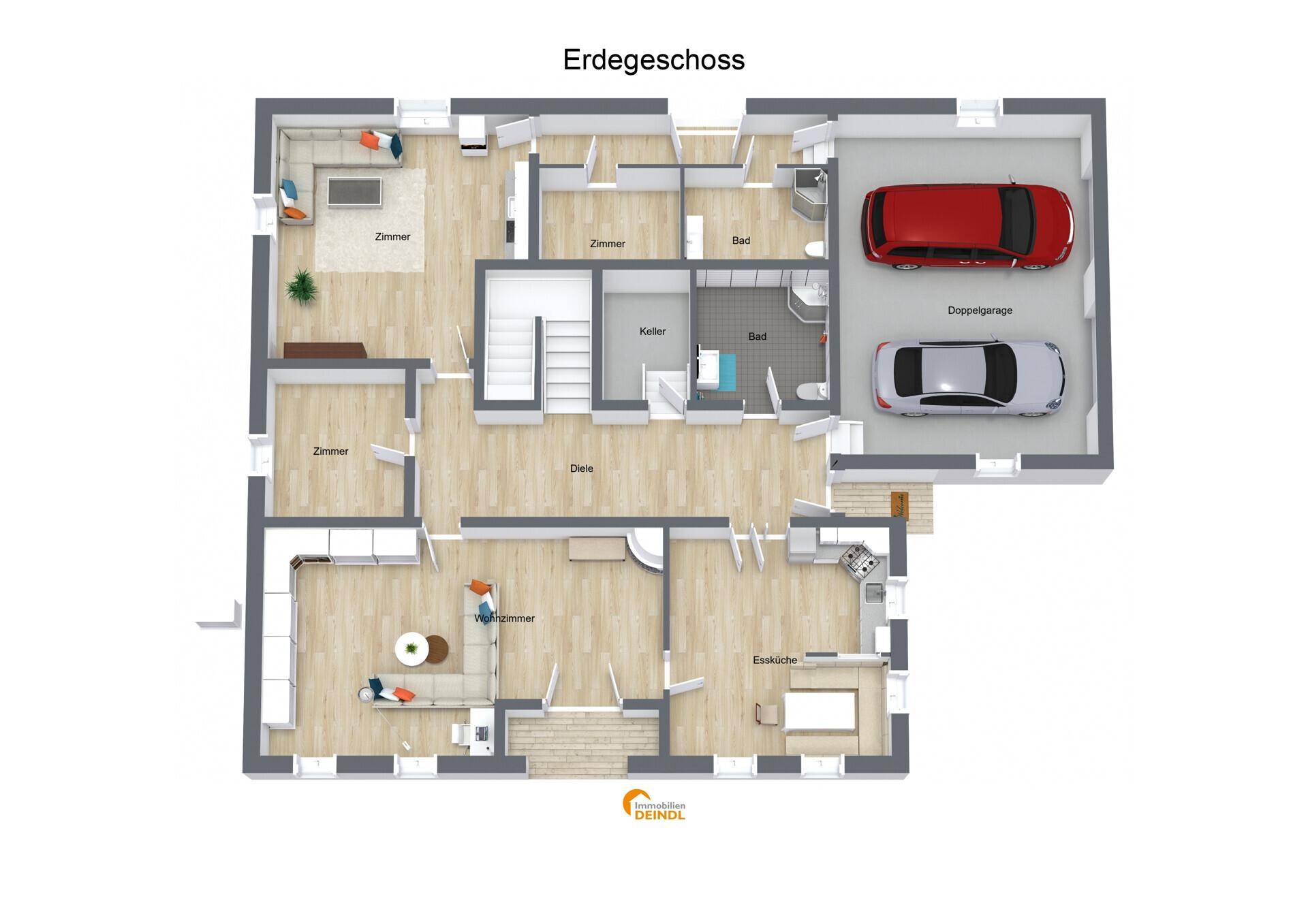 Grundriss des Erdgeschosses mit Wohnzimmer, Essküche, zwei weiteren Zimmern, zwei Bädern und Doppelgarage.