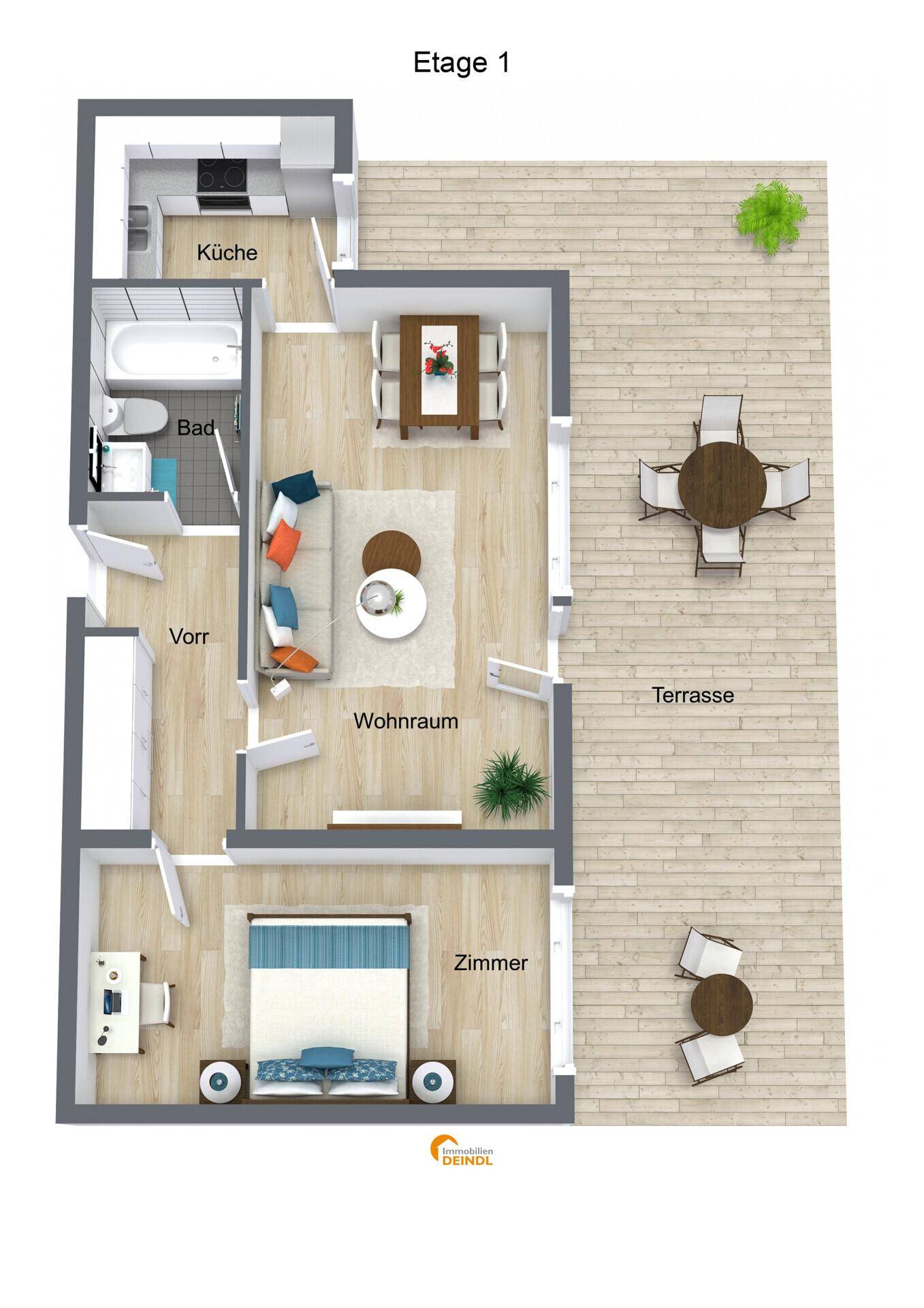 Grundriss der ersten Etage mit offener Raumaufteilung, Terrasse und separaten Zimmern.