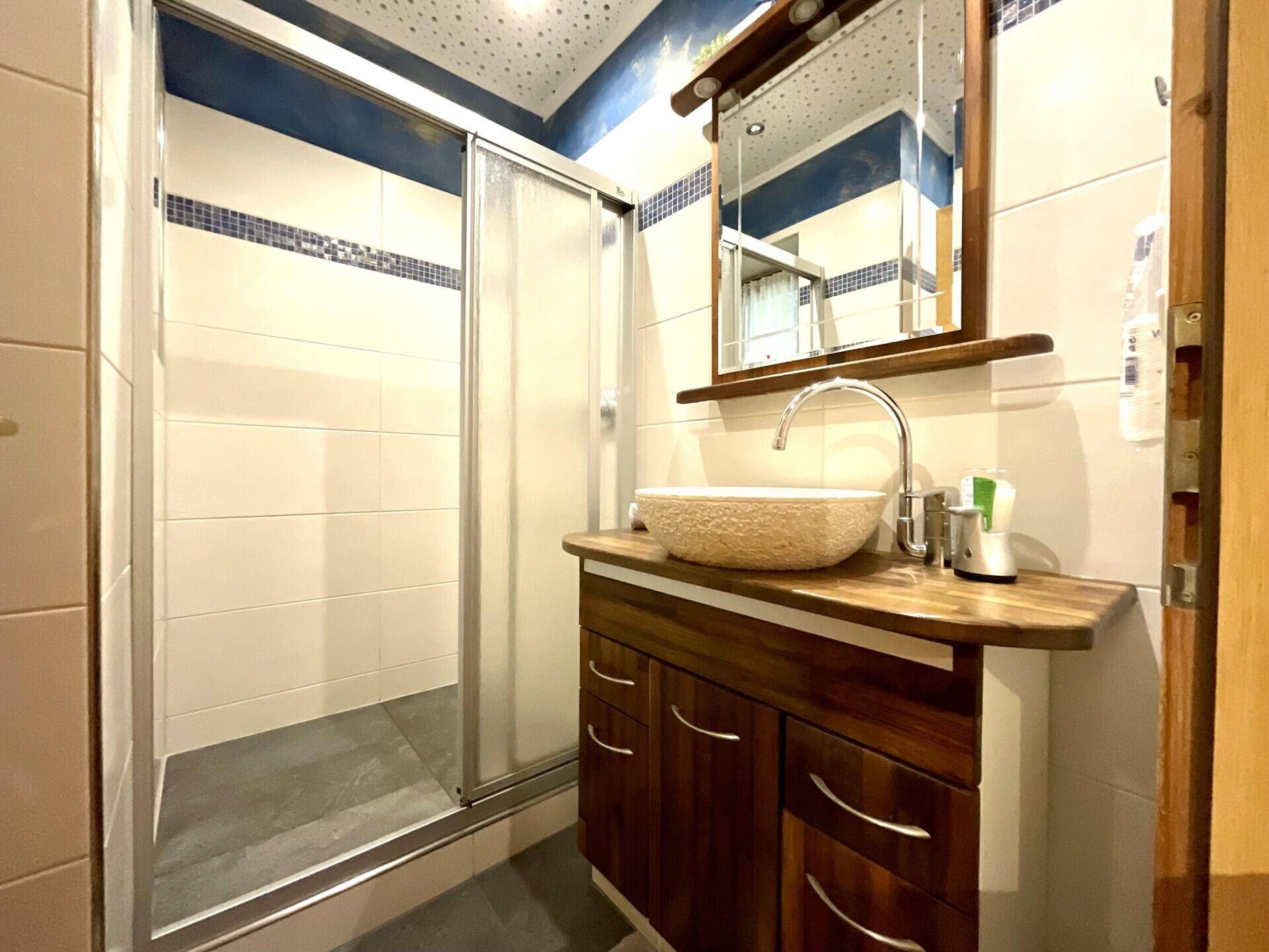 Modernes Badezimmer mit begehbarer Dusche, stilvollem Waschbecken und Holzunterschrank.