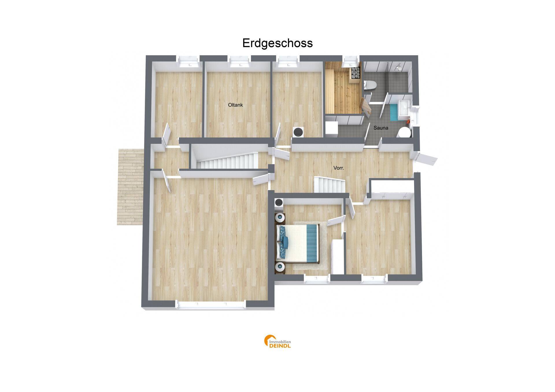 Grundriss des Erdgeschosses mit Schlafzimmer, Bad, Sauna und Zugang zur Terrasse.