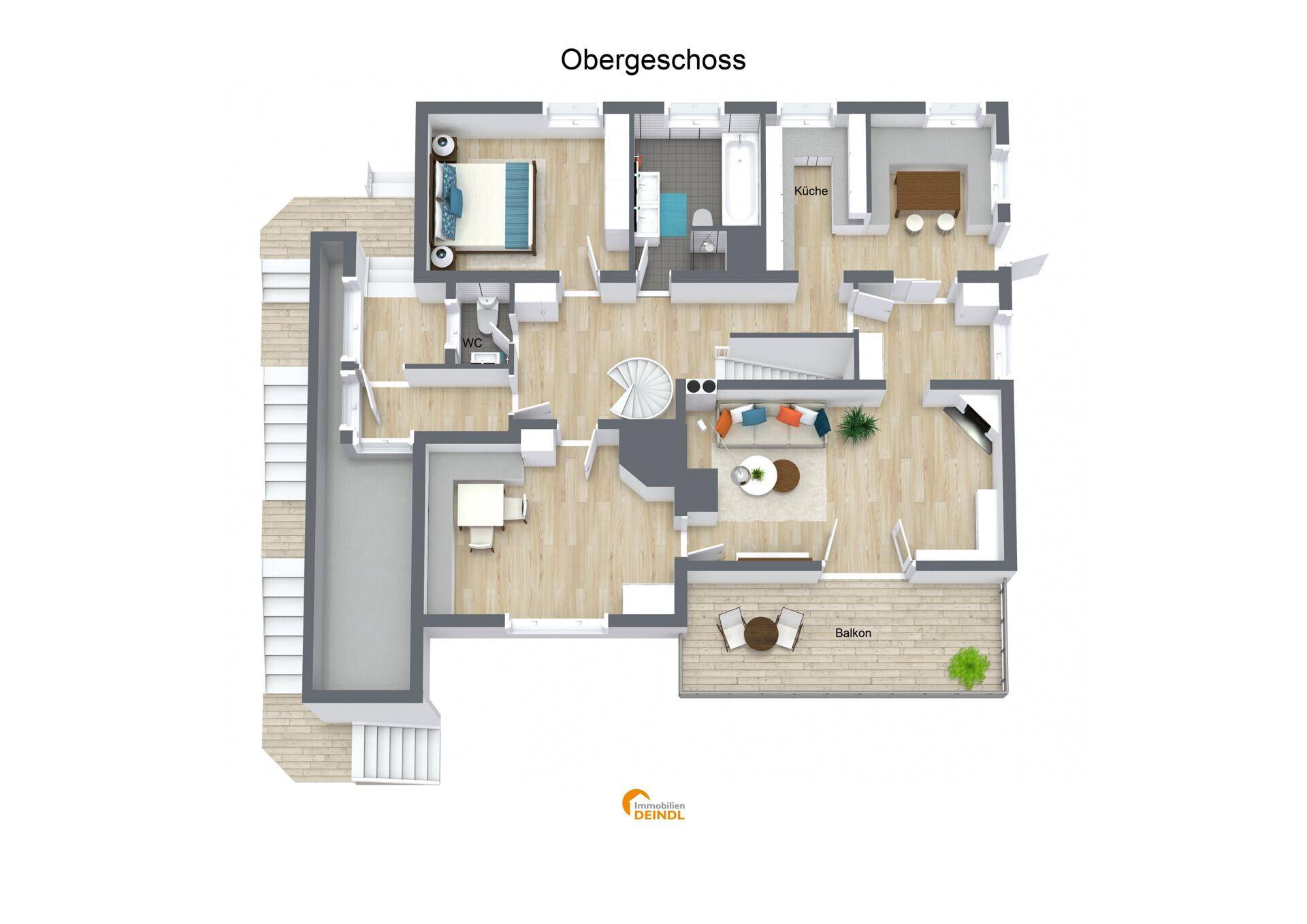 Grundriss des Obergeschosses mit offenem Wohnbereich, Küche, Schlafzimmer und Balkon.