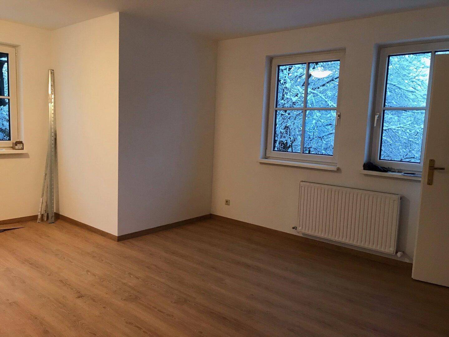 Helles, leeres Zimmer mit Laminatboden, weißen Wänden und zwei Fenstern mit Blick ins Grüne.