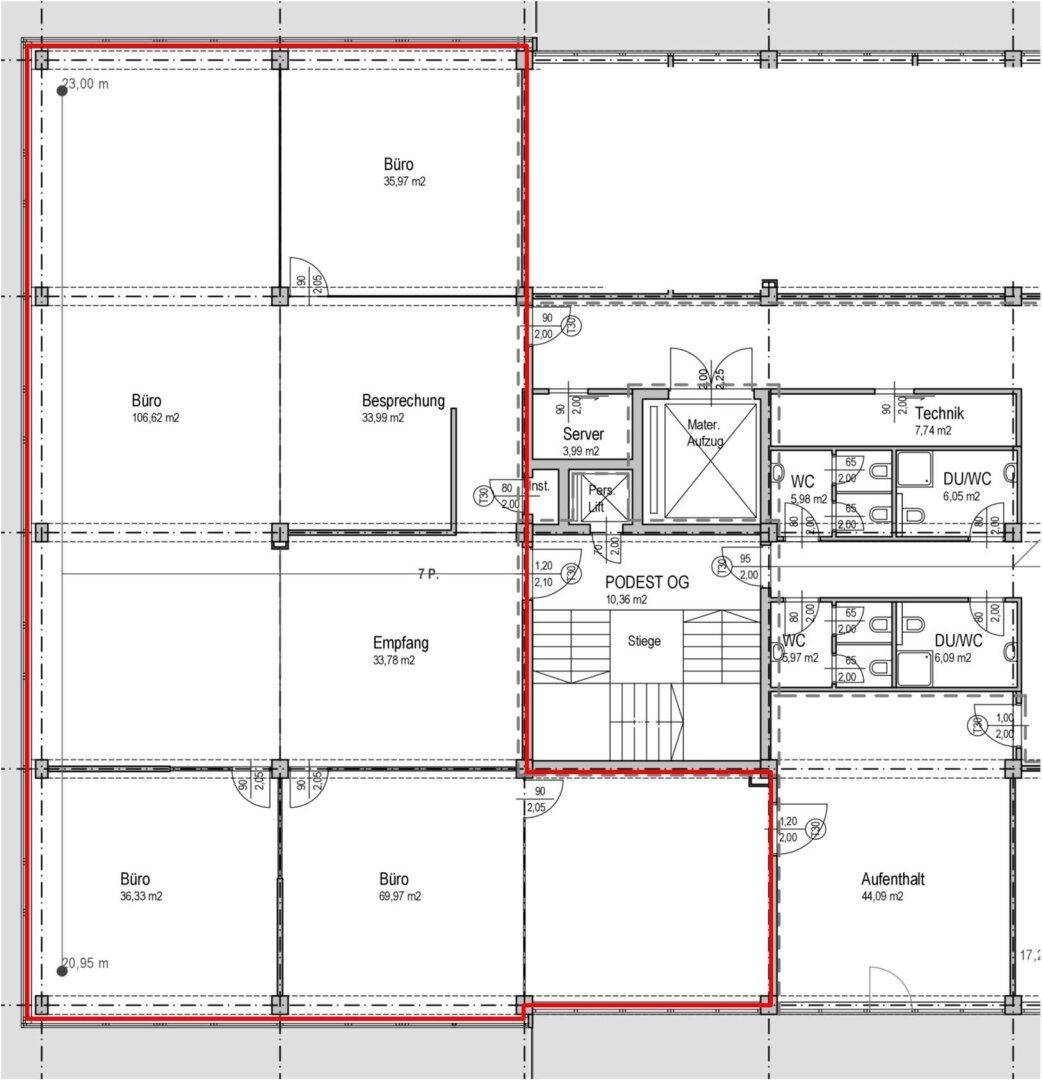 Detaillierter Grundrissplan mit verschiedenen Büroräumen, Empfang und Technikbereich.