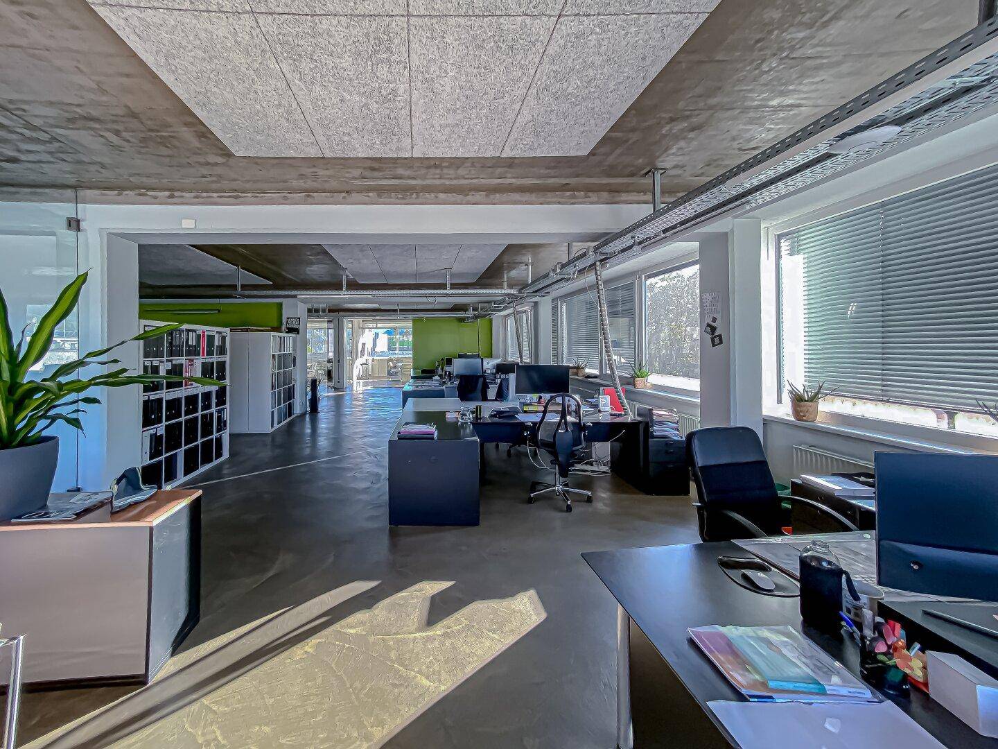 Langer Bürobereich mit mehreren Arbeitsplätzen, Betonboden und Akustikdeckenplatten.