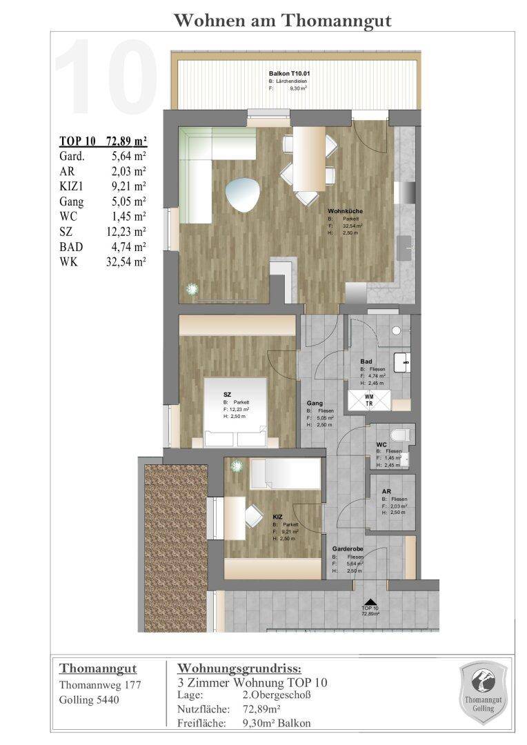 Detaillierter Grundriss einer 3-Zimmer-Wohnung mit offenem Wohnbereich und Balkon.