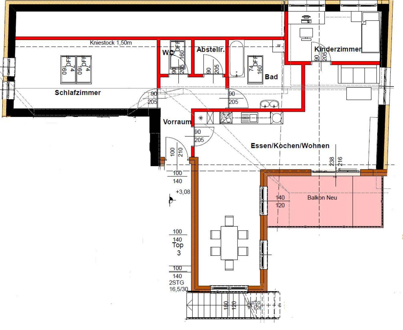 Grundriss zeigt einen offenen Wohnbereich, Schlafzimmer, Kinderzimmer, Bad und einen neuen Balkon.