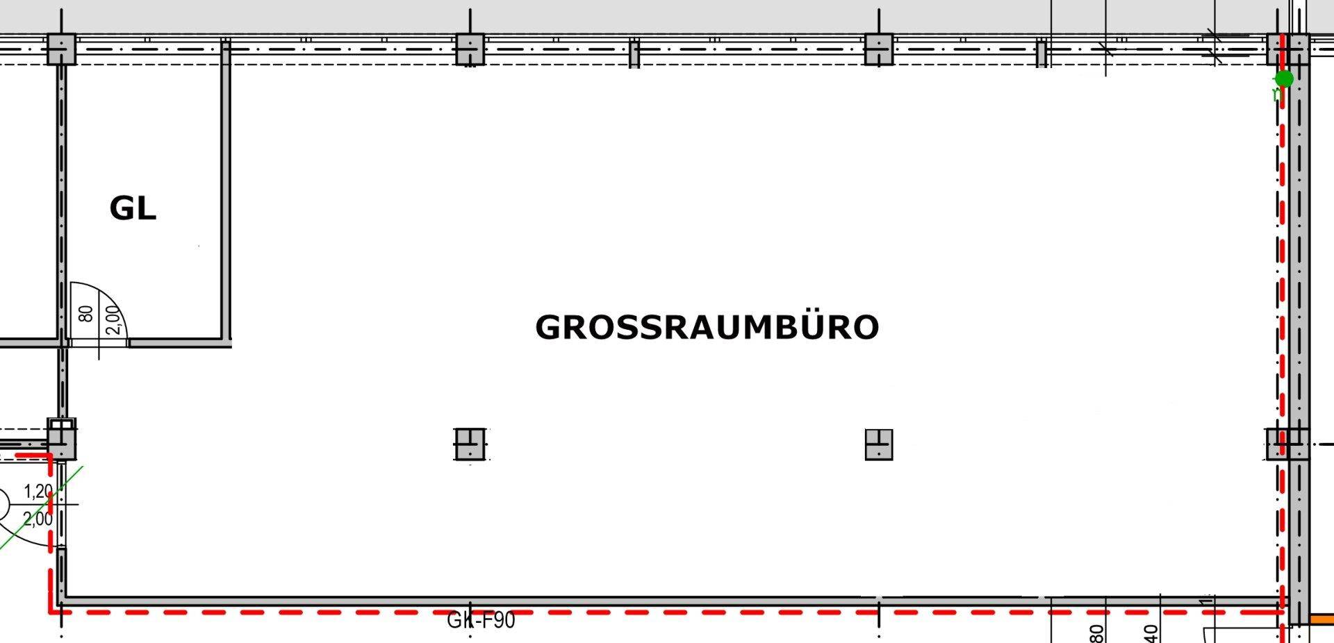 Grundriss eines Großraumbüros mit klar definierter Fläche und Fensterfronten.
