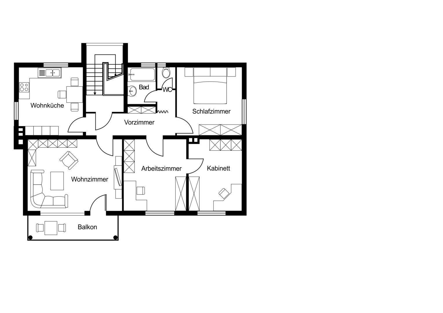 Grundriss des Obergeschosses mit Wohnküche, Wohnzimmer, Schlafzimmer und Balkon.