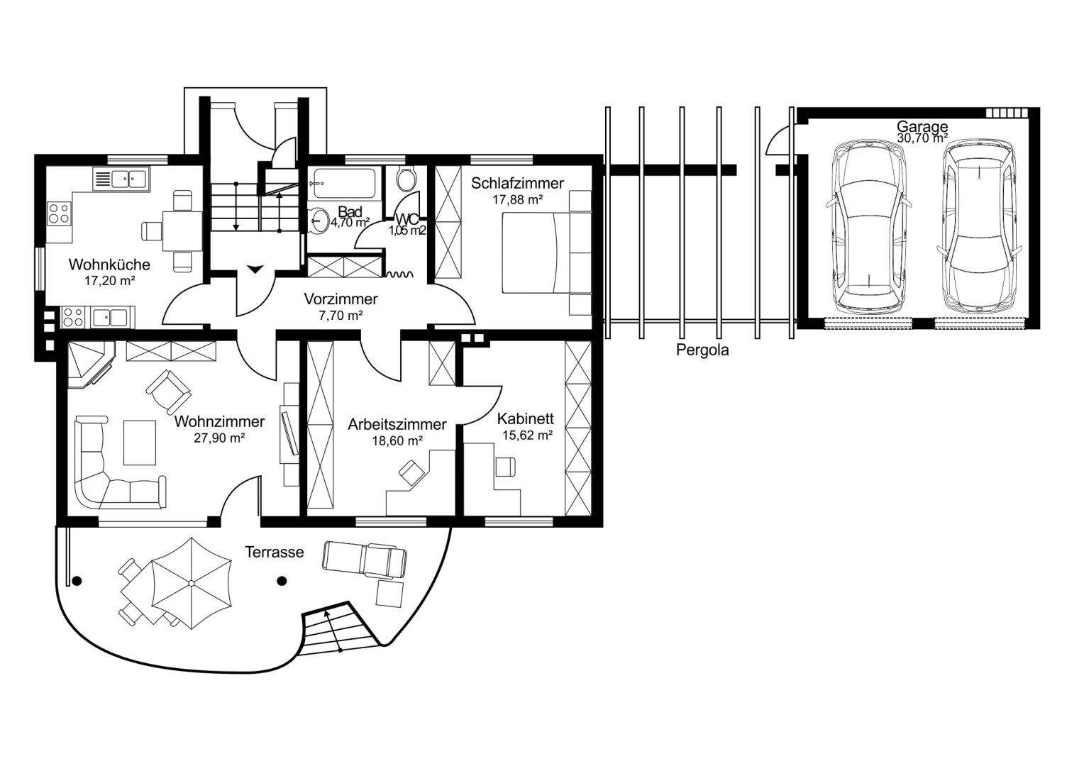 Grundriss des Erdgeschosses mit Wohnküche, Wohnzimmer, Schlafzimmer und Garage.