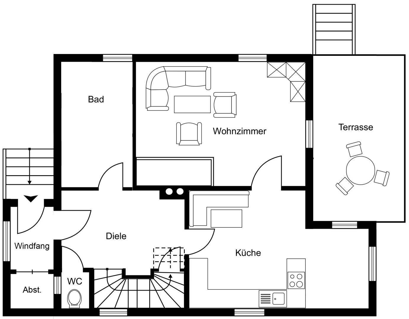 Grundriss des Erdgeschosses mit Wohnzimmer, Küche, Bad, WC und Terrasse.