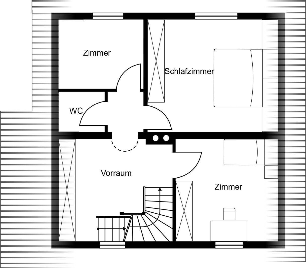 Grundriss des Obergeschosses mit Schlafzimmern, weiteren Zimmern und einem WC.