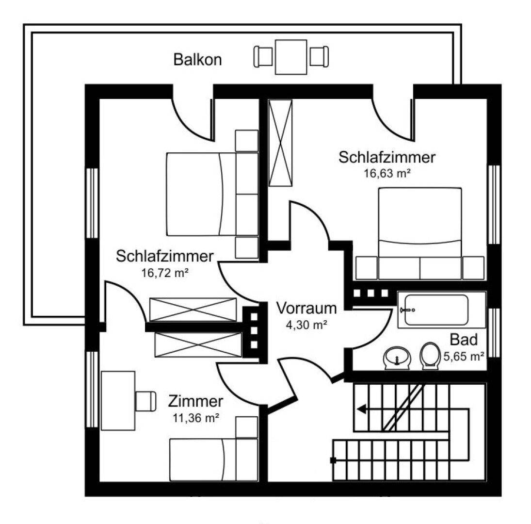 Grundriss des Obergeschosses mit zwei Schlafzimmern, einem weiteren Zimmer, Bad und Balkonzugang.